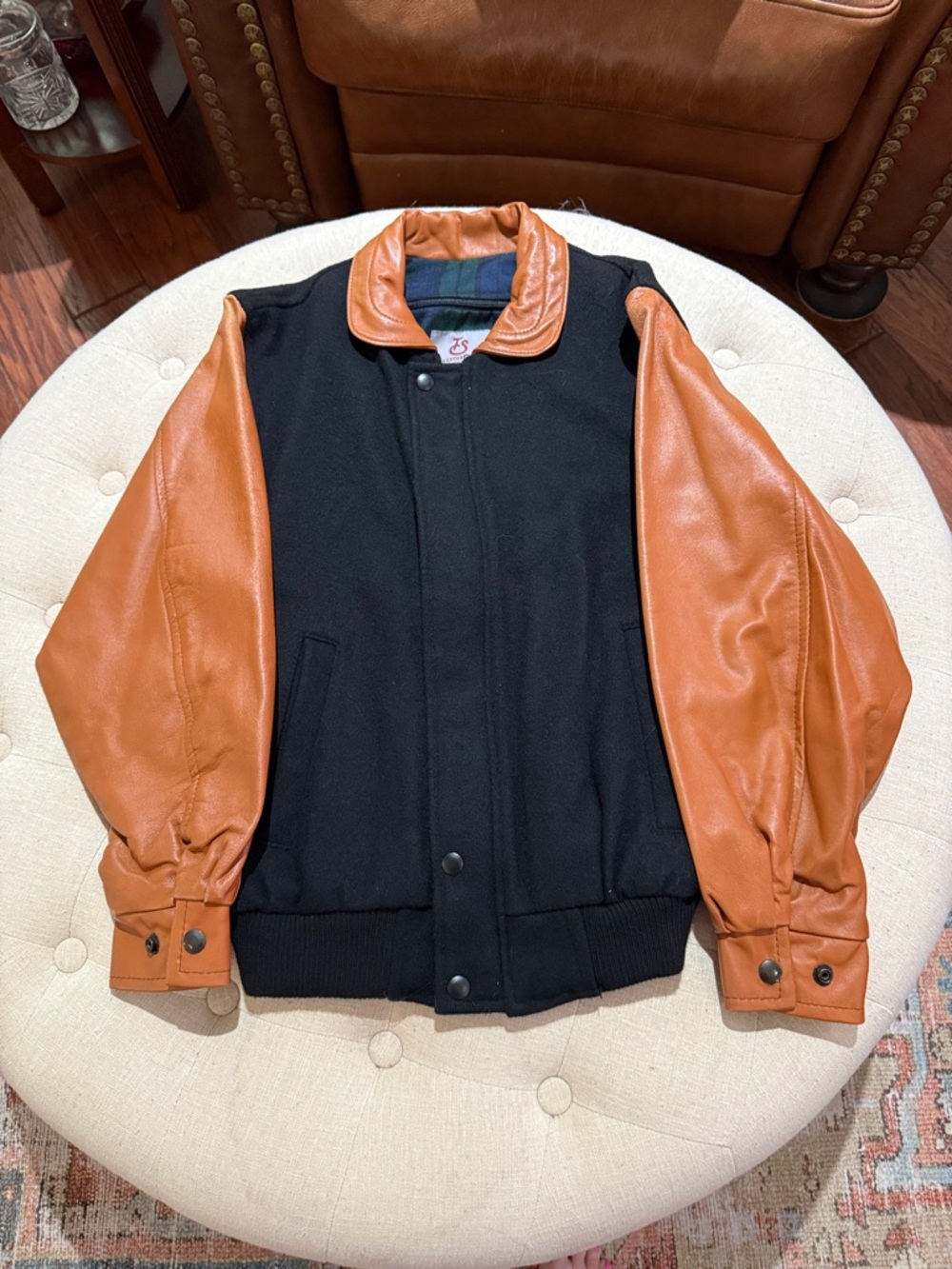 Boys T & S Black Wool & Tan Leather Sleeve Bomber Jacket